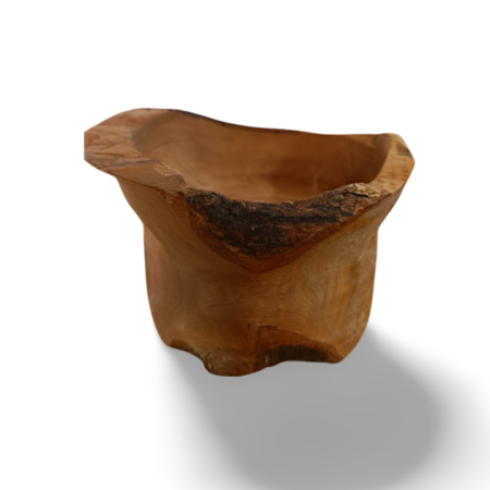 rustic small to medium olive wood bowl with an unusual shape for serving snacks and nibbles