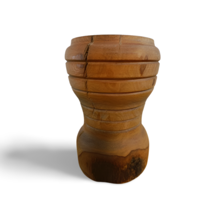 large wooden candle holder with etched decoration