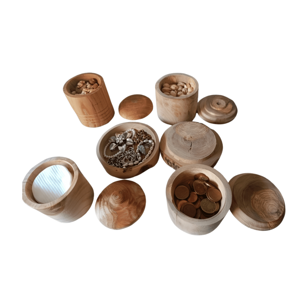 wooden storage pots with lids turned by hand