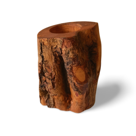 rustic candlestick featuring natural inclusions